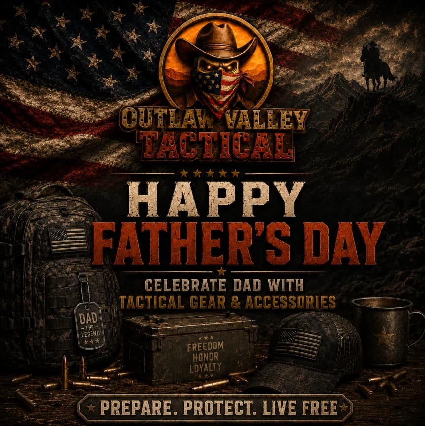 Happy Father's Day post with a tactical pack, ammo can, ball cap and dog tags, signed Prepare. Protect. Live free.