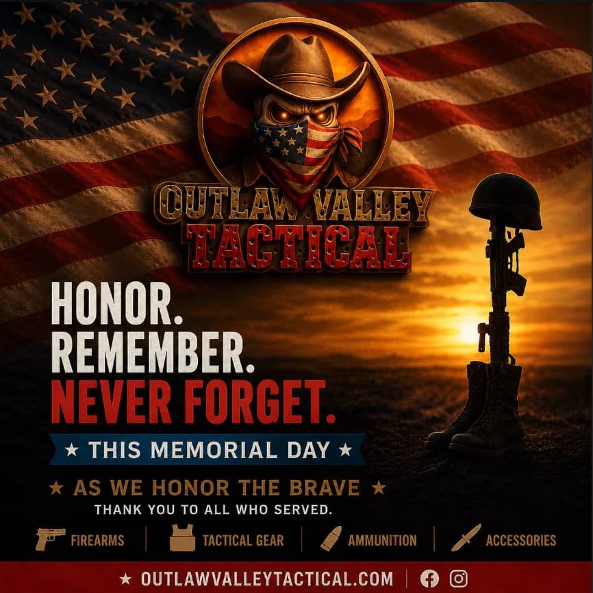 Memorial Day post: Honor. Remember. Never forget. Over a flag, with boots and a rifle standing at sunset.