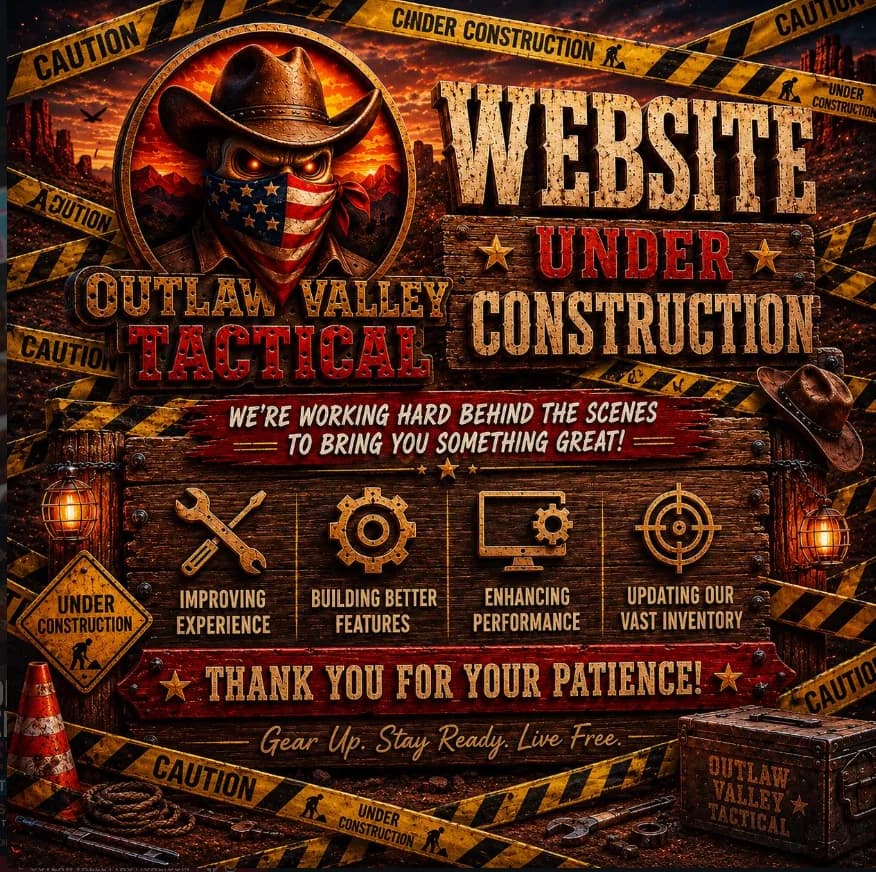 Website under construction post in caution tape and weathered wood, signed Gear up. Stay ready. Live free.